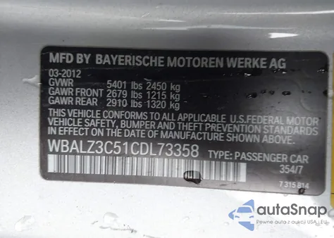 2012 BMW 650I из США, поврежденный, VIN WBALZ3C51CDL73358